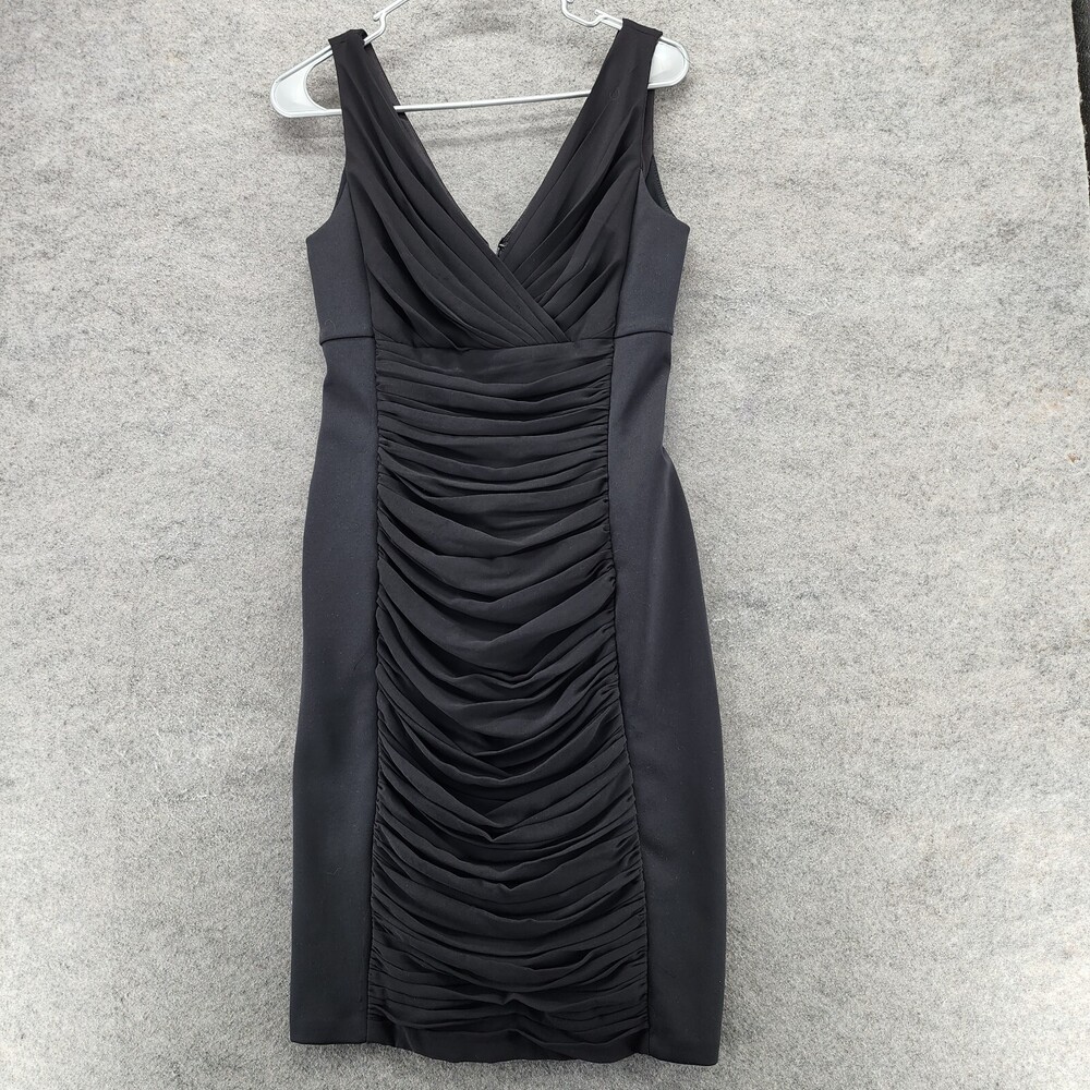 White House Black Market Dress Womens 8 Sleeveless Black V Neck Ruched Panel